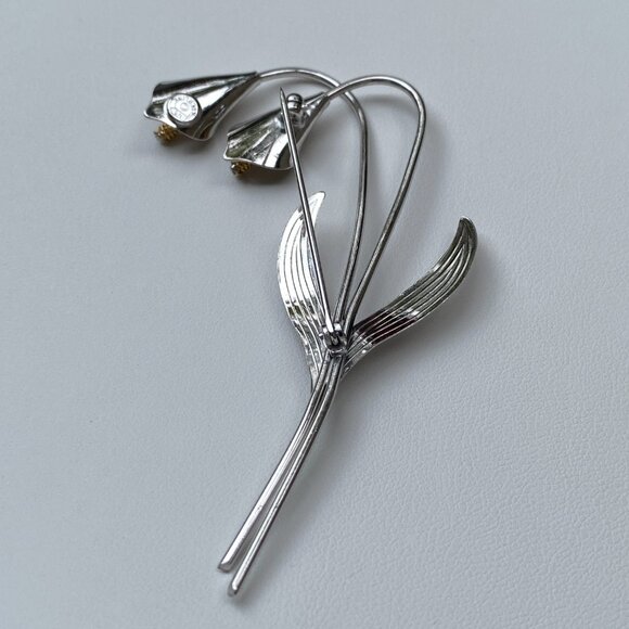 Signed vintage ART NOUVEAU 3” large, 925 Sterling Silver, Gold CALA LILY BROOCH - Picture 4 of 7